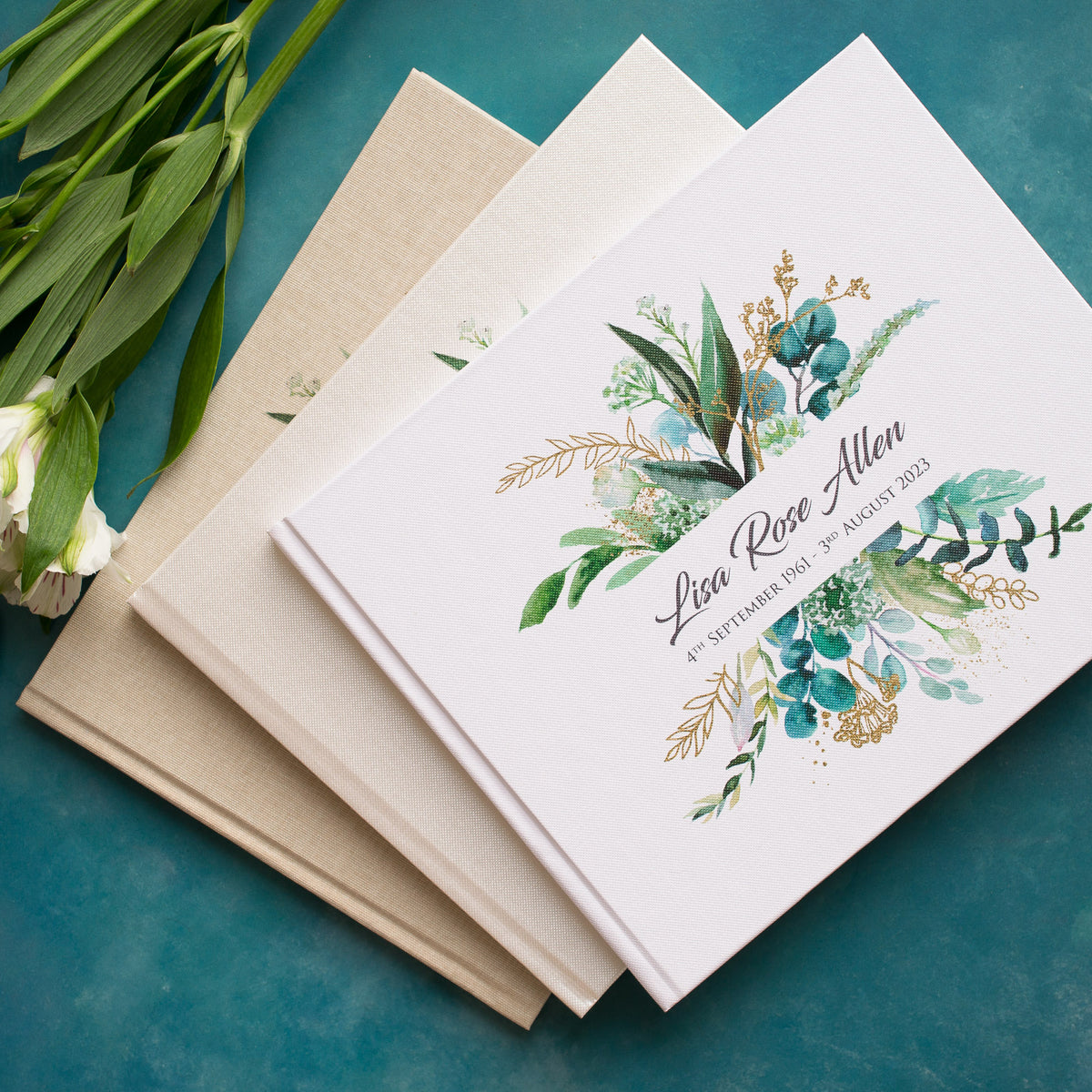 Personalised Condolence Book - Printed Green Foliage Bouquet Design